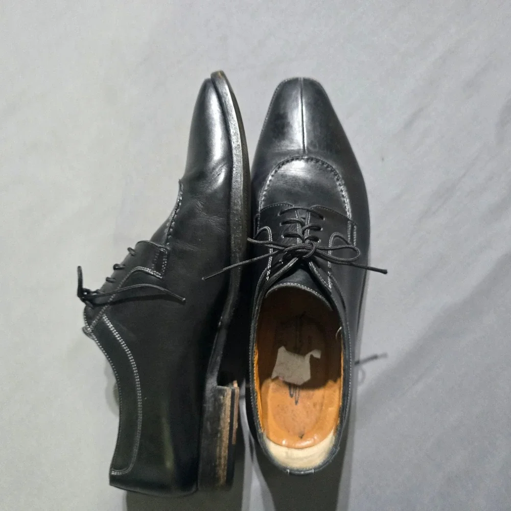 santoni Apron Toe Oxford Mens 10 Black Italian Leather Dress Shoe